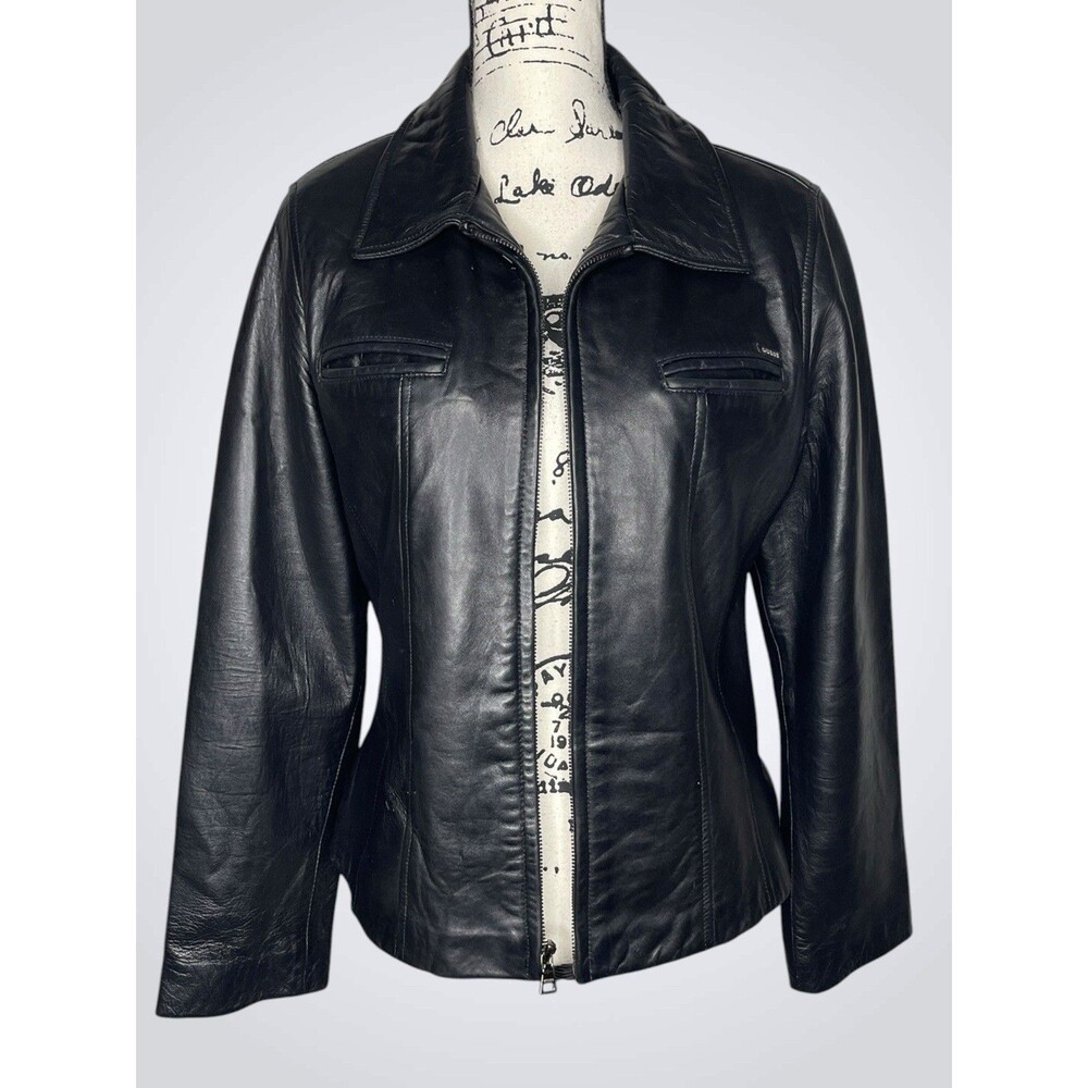 Vtg Y2K Guess Leather Bomber Jacket Womens LG Black Full Zip Biker 90s Grunge - Picture 5 of 12